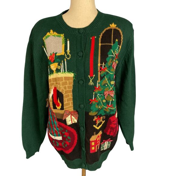 Susan Bristol Vintage 1995 3D Cardigan Christmas Sweater Green Large - Picture 6 of 11